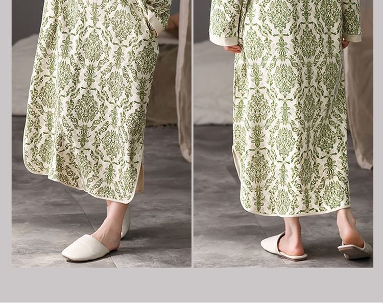 Jeony - Midi-slaapjurk met lange mouwen, ronde hals, print en split
