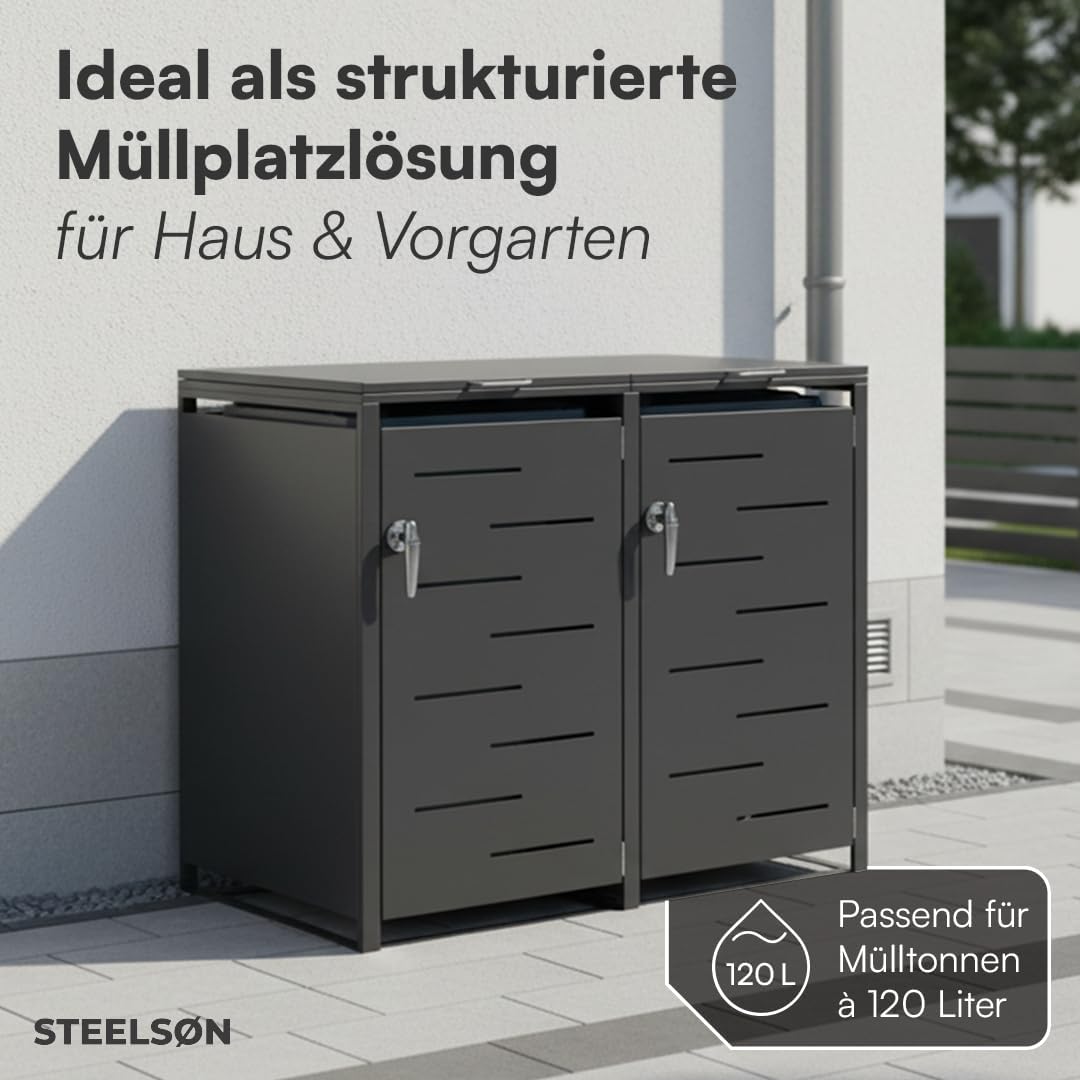 STEELSØN Mülltonnenbox 2er 120L abschließbar – Hochwertige Mülltonnenverkleidung für 2 Tonnen – Müllbox Stahl – Müllcontainer Schwarz - Mülltonnen Box wetterfest – Gerätebox mit Schloss