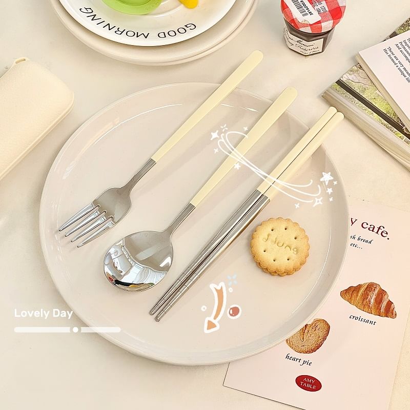 Yunikon - Eetstokjes / Lepel / Vork van roestvrij staal / Plastic koffer / Set