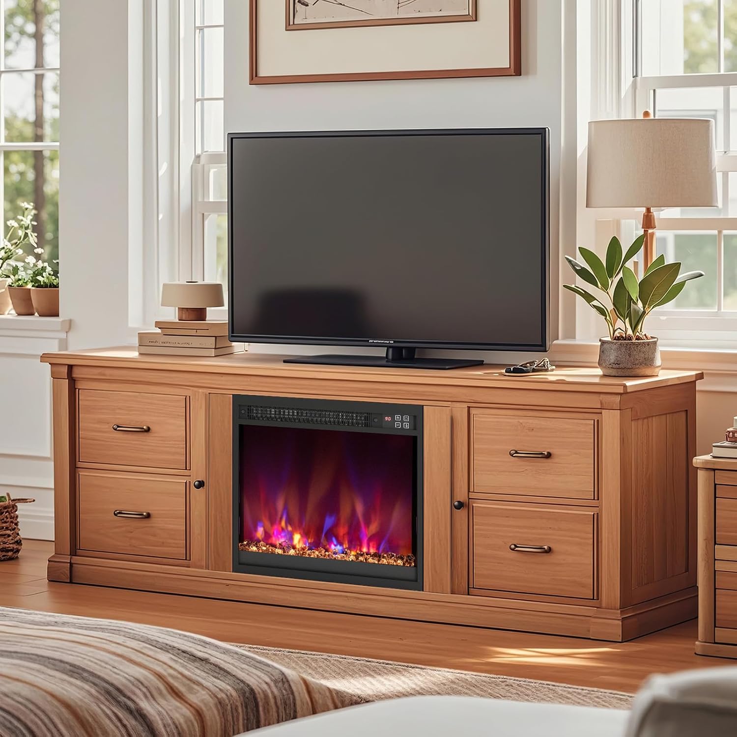 COSTWAY Elektrokamin mit Heizung 1500W, Einbaukamin mit Fernbedienung, 0,5-9H Timer, einstellbare 3D-Flammeneffekt, Wandkamin mit 17℃-32℃ Thermostat (49 x 12 x 45 cm, 18 Zoll)