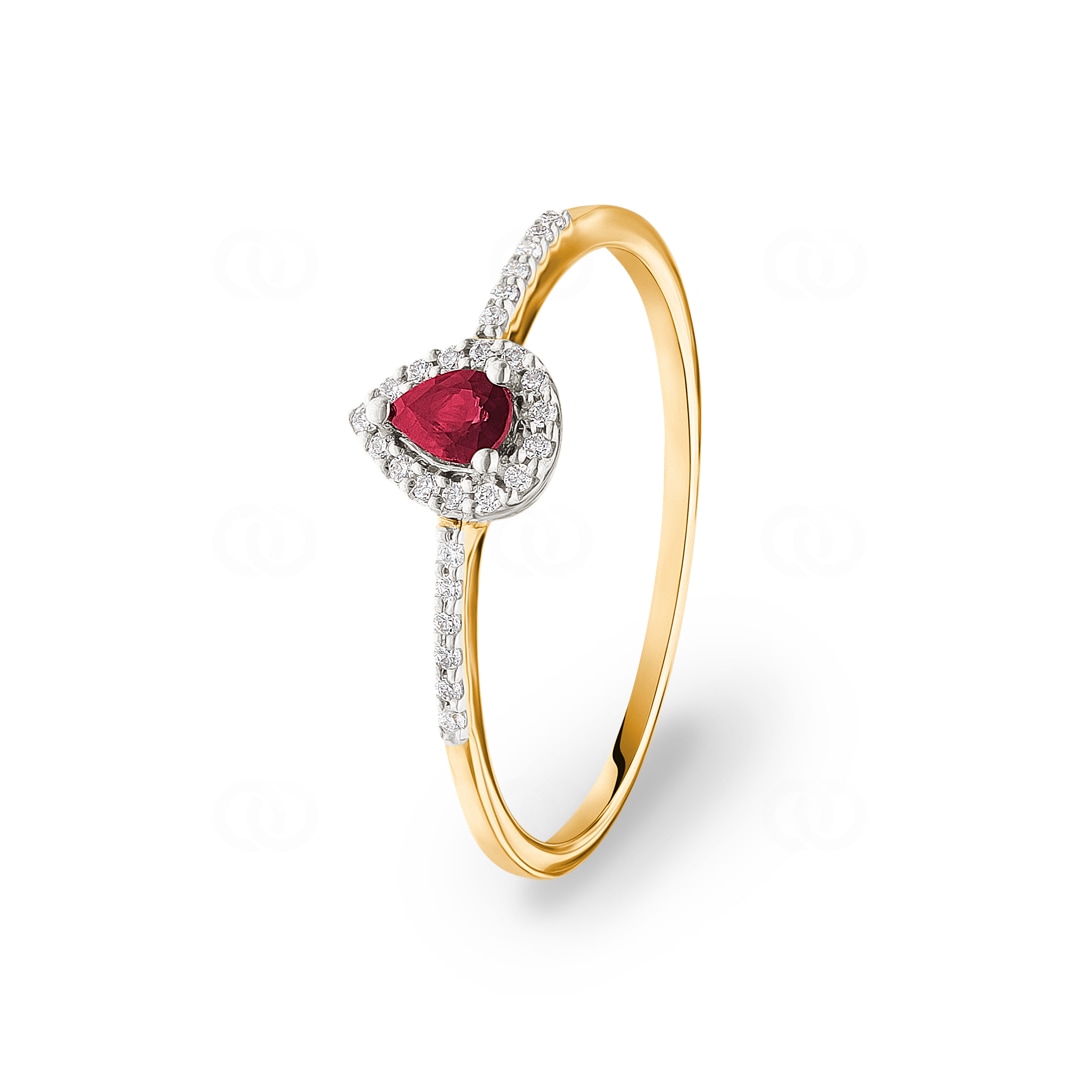 Damenring 750/18 K Gelbgold mit Rubin Tropfen und Diamanten 0.08 ct H/si