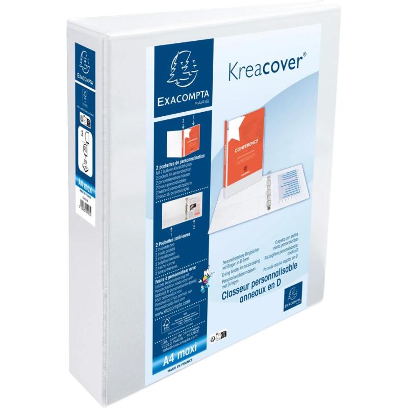 Classeur 2 anneaux cartonné Exacompta Kreacover® personnalisable  A4 maxi - Dos 6,4 cm blanc