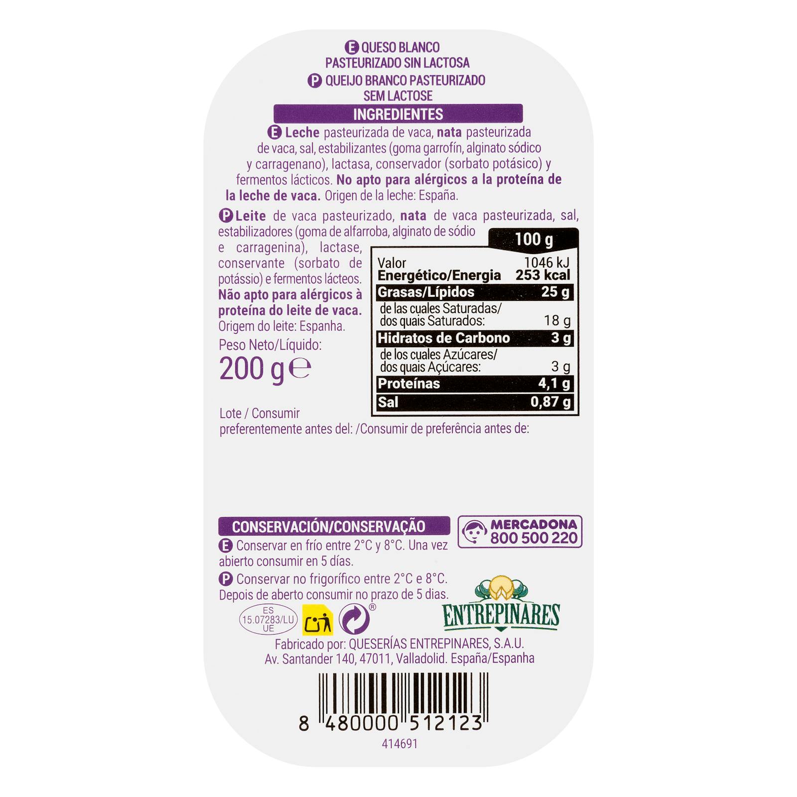 Fromage au lait de vache sans lactose Hacendado