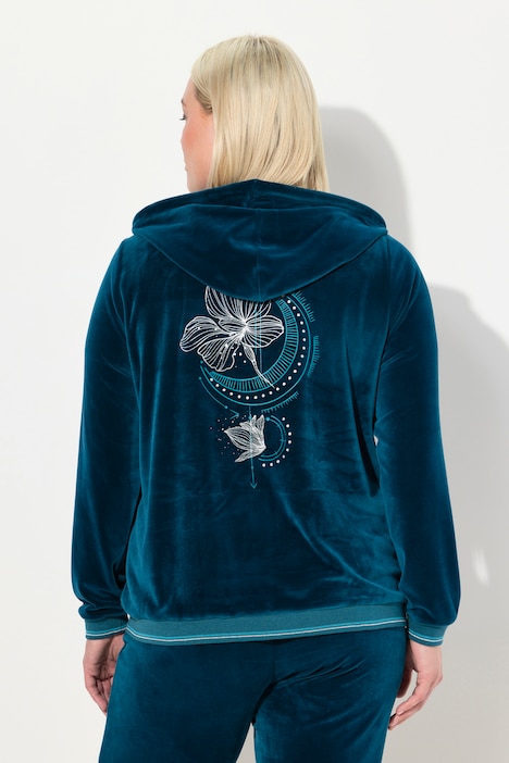 Samt-Sweatjacke, Blüte, Kapuze, Glitzerstreifen-Bündchen