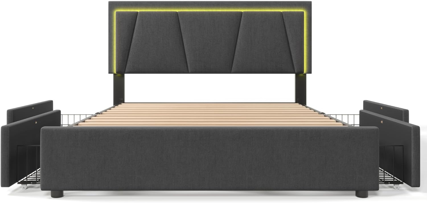 Merax Polsterbett 140x200cm mit LED-Beleuchtung und 4 Schubladen, Doppelbett Bettgestell mit Lattenrost und Höhenverstellbarem Kopfteil, Stauraumbetten, Leinenmaterial, Jugendbett,ohne Matratze,Grau