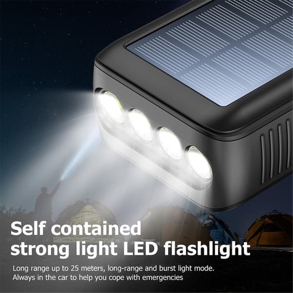 Håndsveiv 30000mAh Solar PowerBank Lightning/USB-C/mikrokabel