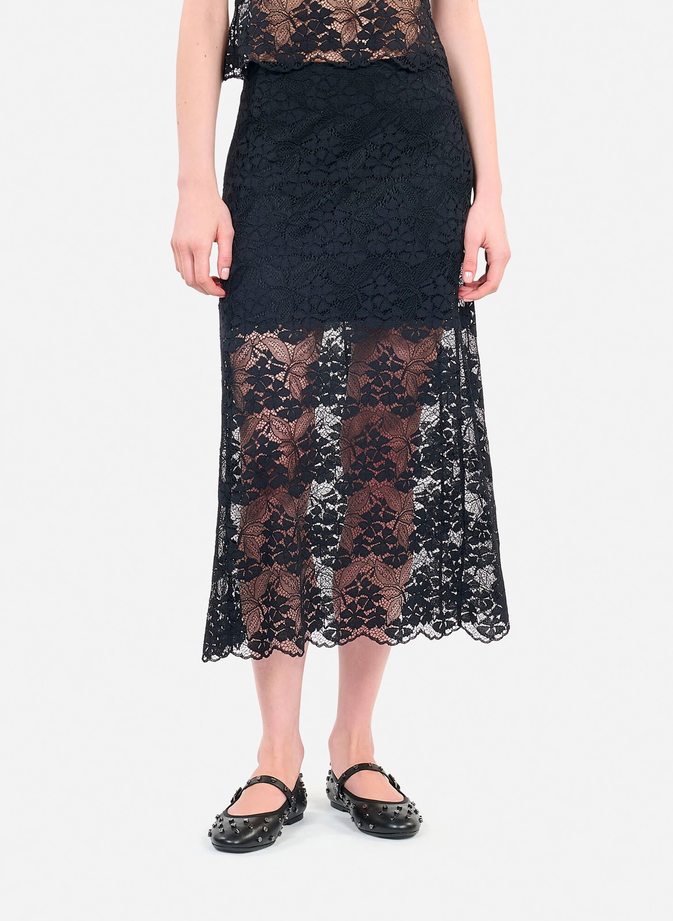 Jupe midi en dentelle | Noir