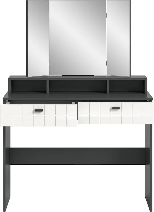 INOSIGN Schminktisch »GORA, Breite 100 cm, 2 Schubkästen, 1feste & 2 faltbare Spiegelflächen« gefräste Front in Waffeloptik hochglanz, Frisiertisch, Spiegeltisch