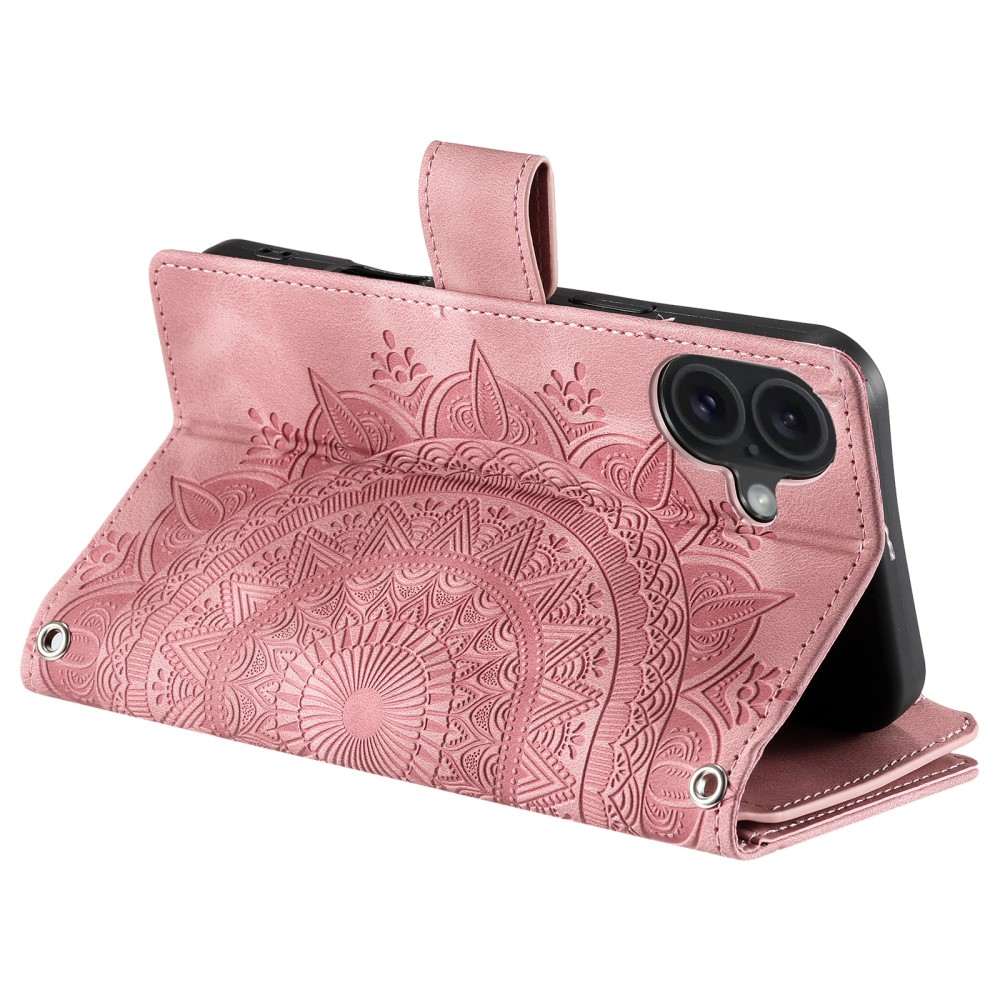 iPhone 16 Leder Tasche Flip Cover mit Reissverschluss - Mandala Flowers Imprint - Rosa
