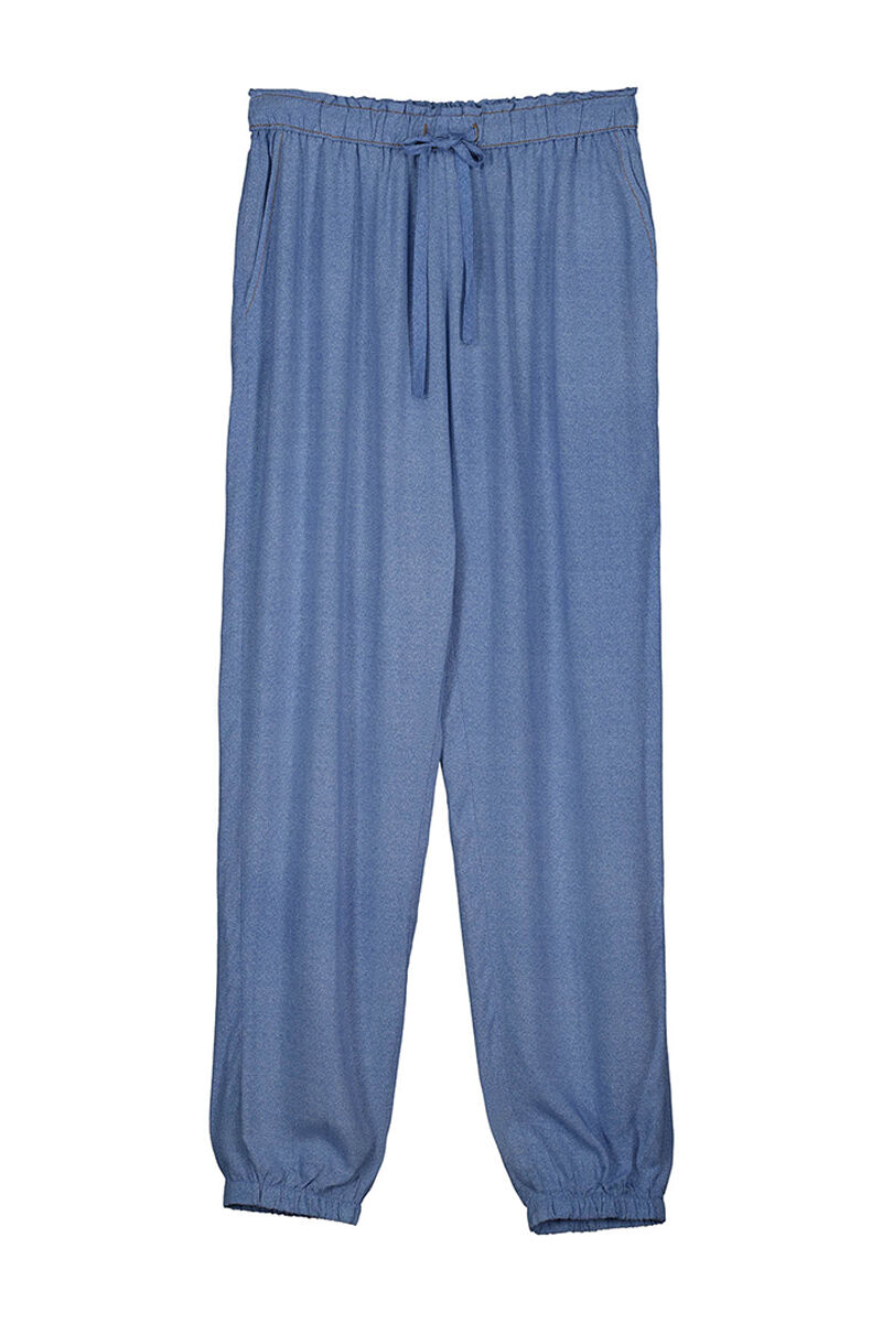 Calça comprida azul com efeito jeans viscoso