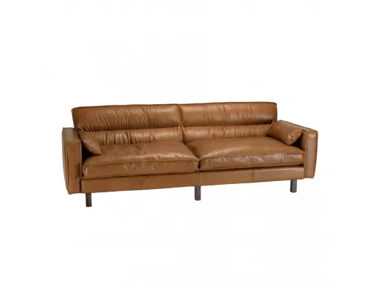 GASTON - Canapé 3 places vintage en cuir marron camel, pieds en bois