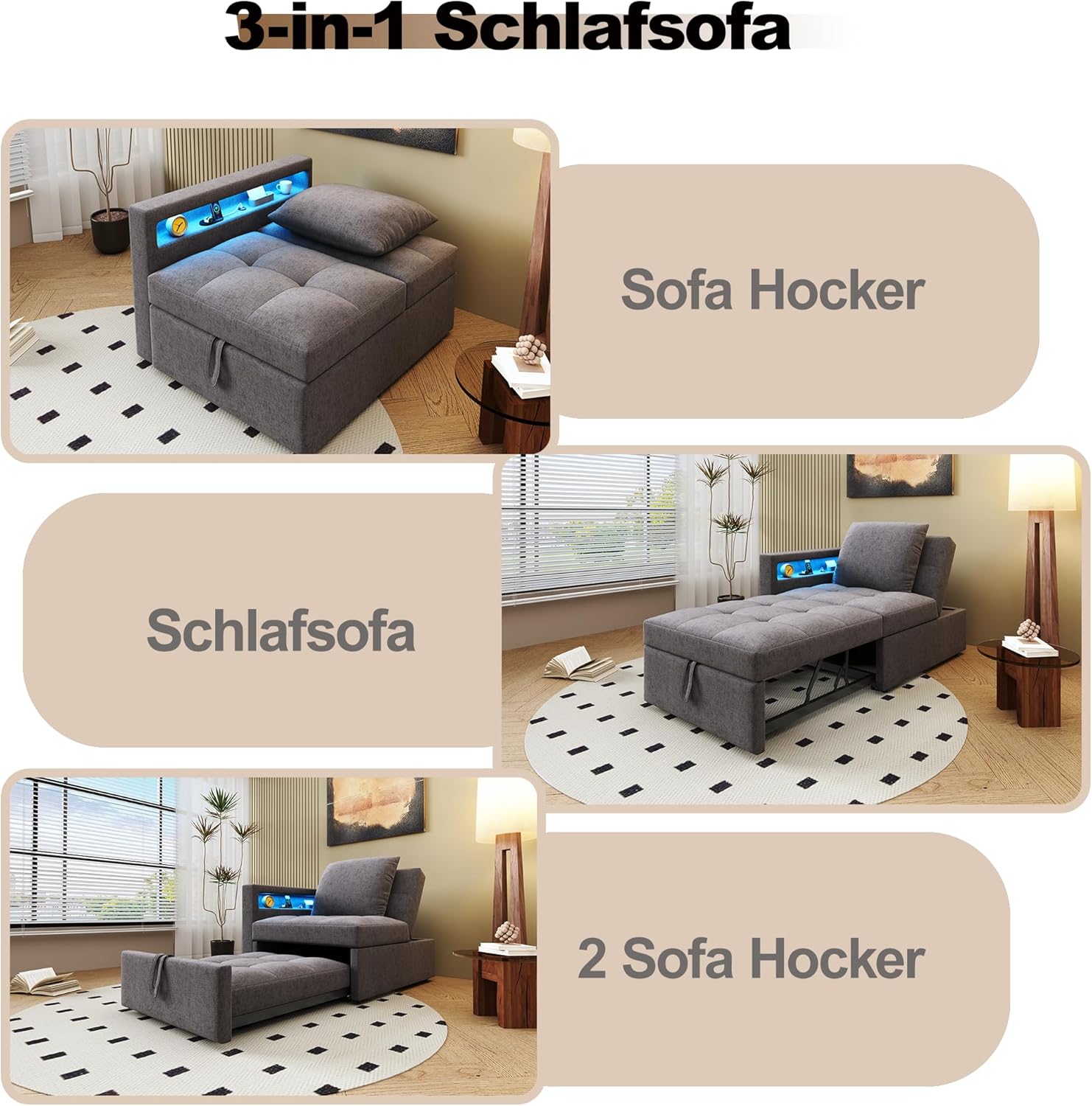 Polsterbett Schlafsofa 3 in 1 Multifunktions-Schlafsofa, Leinenstoffsofa mit Verstellbarer Rückenlehne, Die Armlehne verfügt über LED-Lichtleisten und USB-/Typ-C-Anschlüsse (Dunkelgrau)