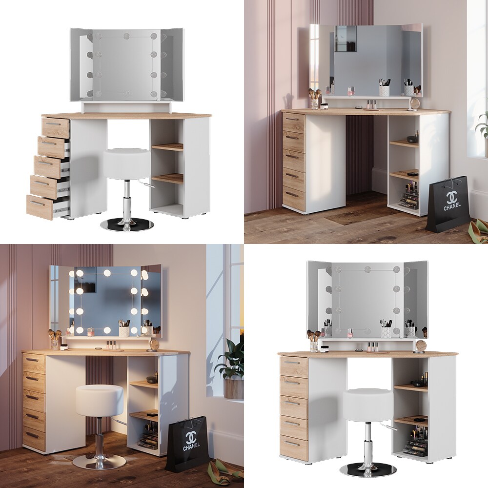 Vicco Eckschminktisch Frisiertisch Frisierkommode Sofia Weiß Sonoma Spiegel LED Hocker 128x142 cm modern Ablage