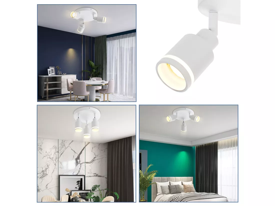 NETTLIFE Plafonnier Blanc moderne : 3 spots de plafond orientables en métal, plafonnier GU10, pour chambre, salle à manger, sans ampoule