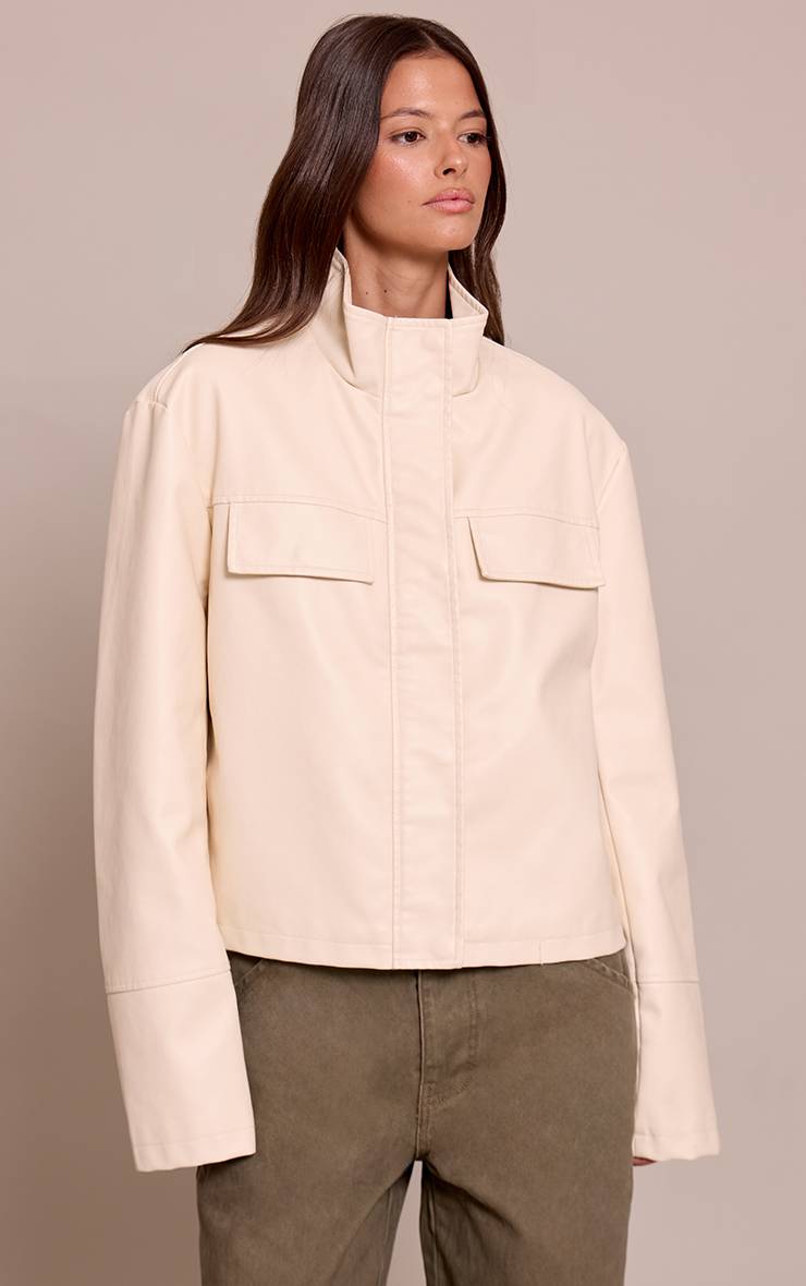 Crème Veste En Synthétiquecuir À Col Montant