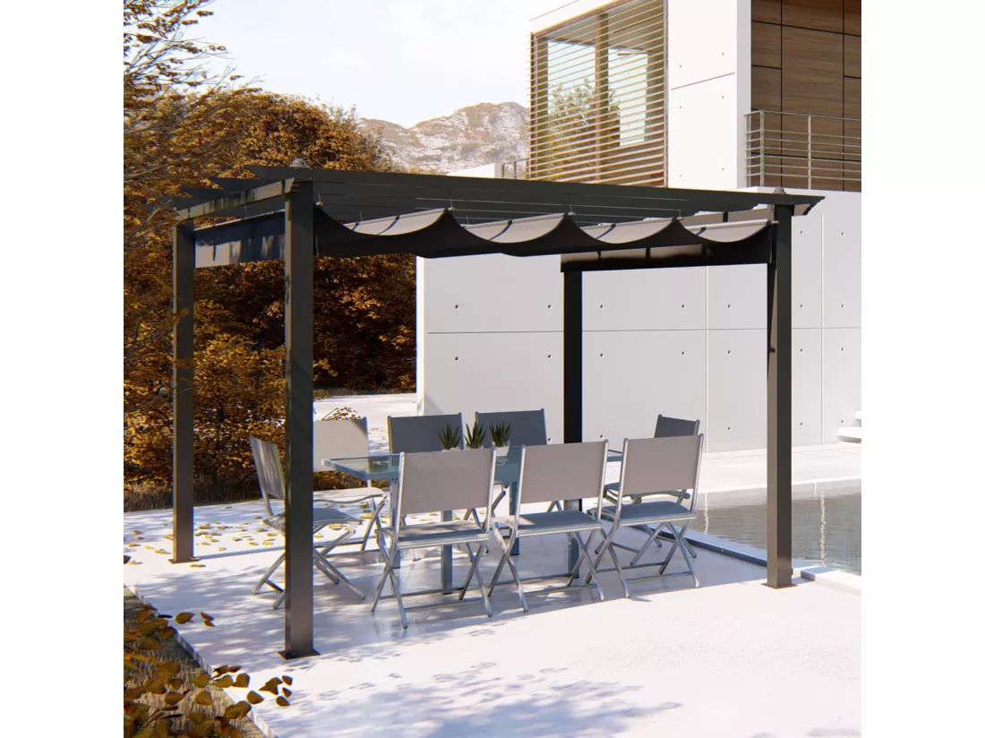 Tonnelle autoportante 3x3m, structure alu toile grise REGIA