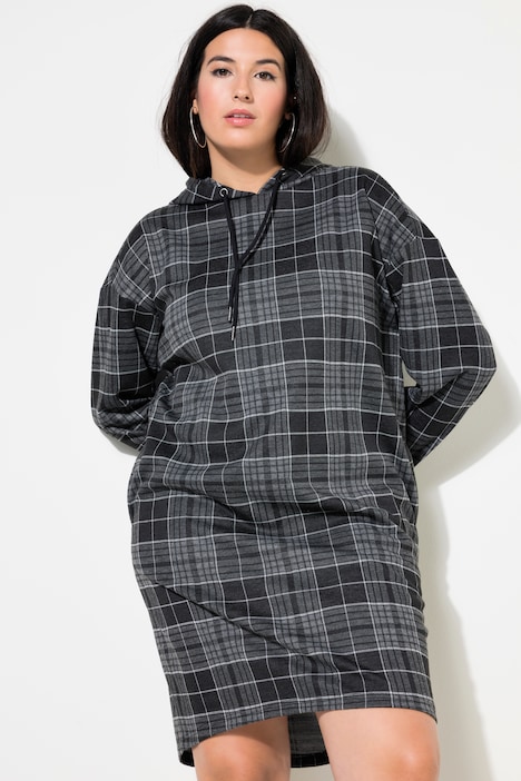 Midikleid, oversized, Jersey, Karo, Kapuze, Langarm