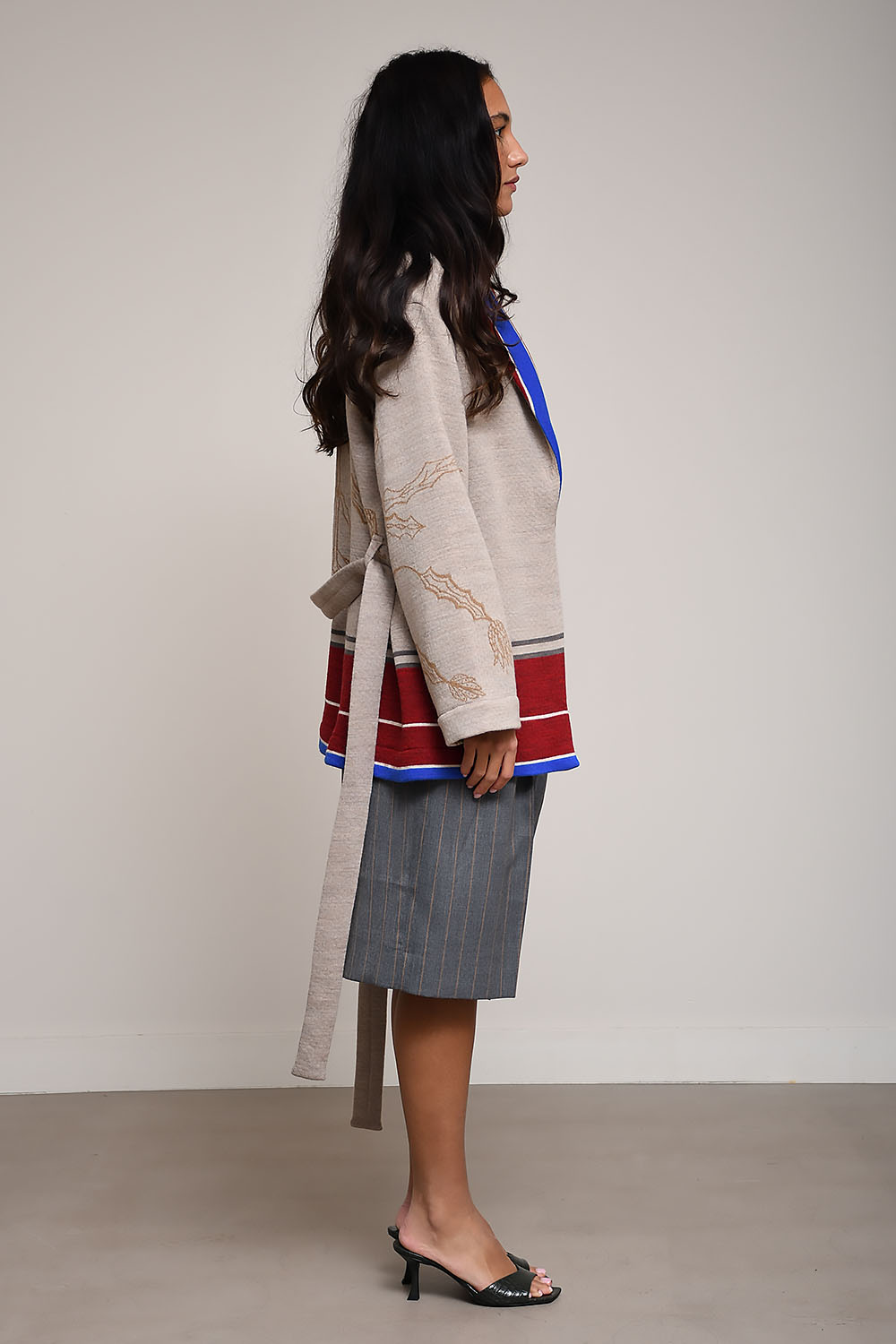 Stripe wool col shawl kimono