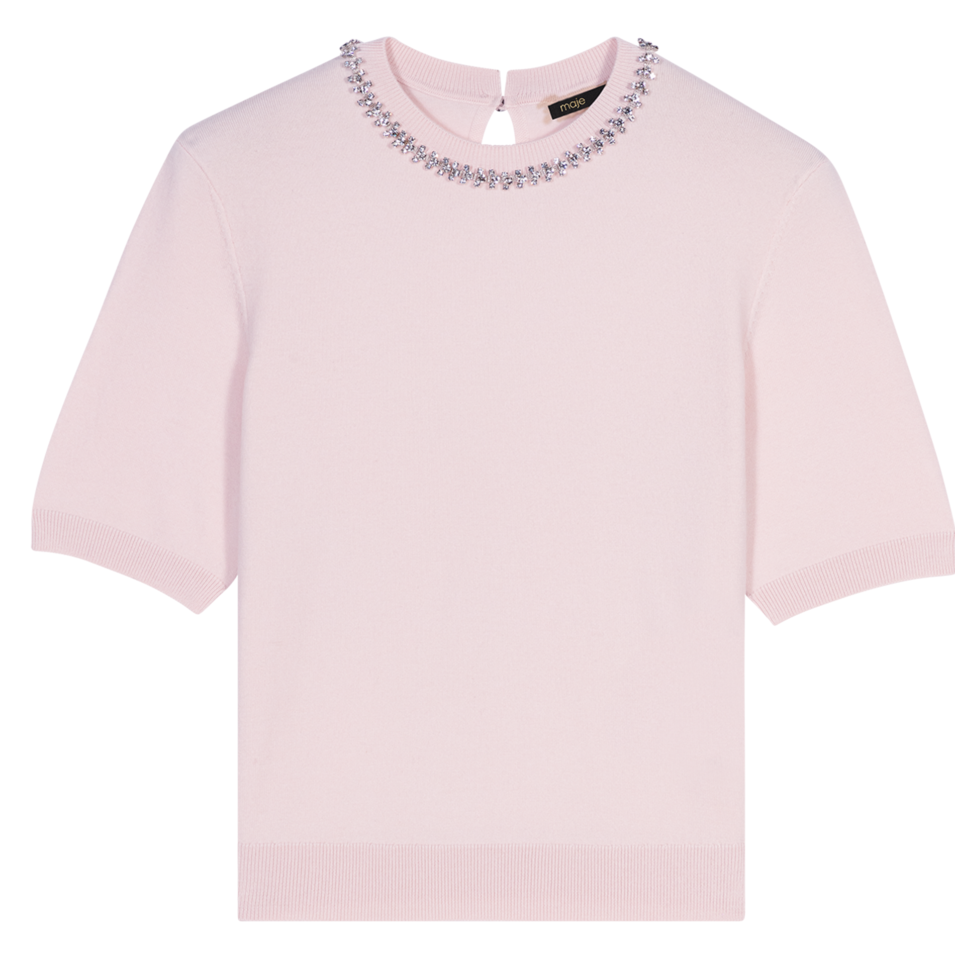 Top droit col rond à strass en laine mélangée | Rose