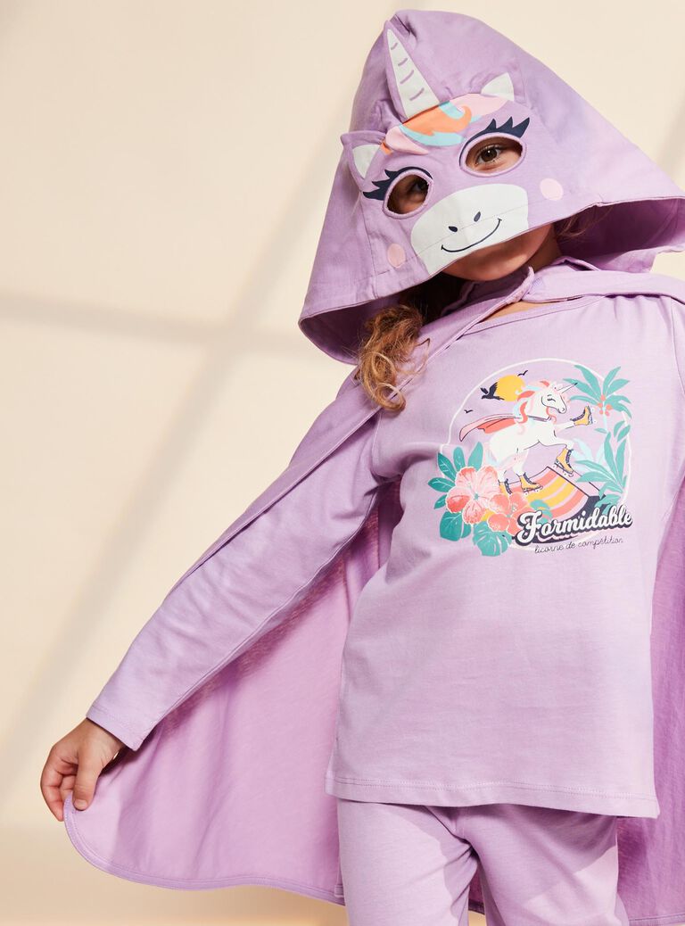 Pyjama deux pièces violet pâle en coton avec cape tête de licorne
