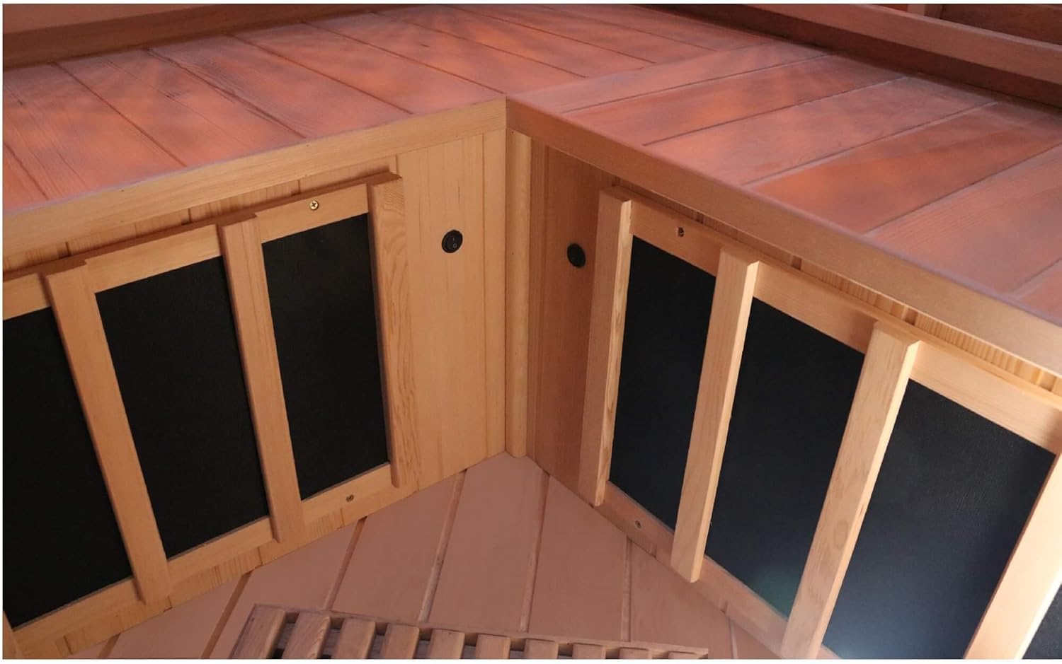 Dewello® Infrarotkabine Infrarotsauna Brandon 120cm x 120cm Dual-Therm für 1-2 Personen aus Hemlock Holz mit Vollspektrumstrahler, Bodenstrahler, LED-Farblicht, Bluetooth, FM,MP3,USB