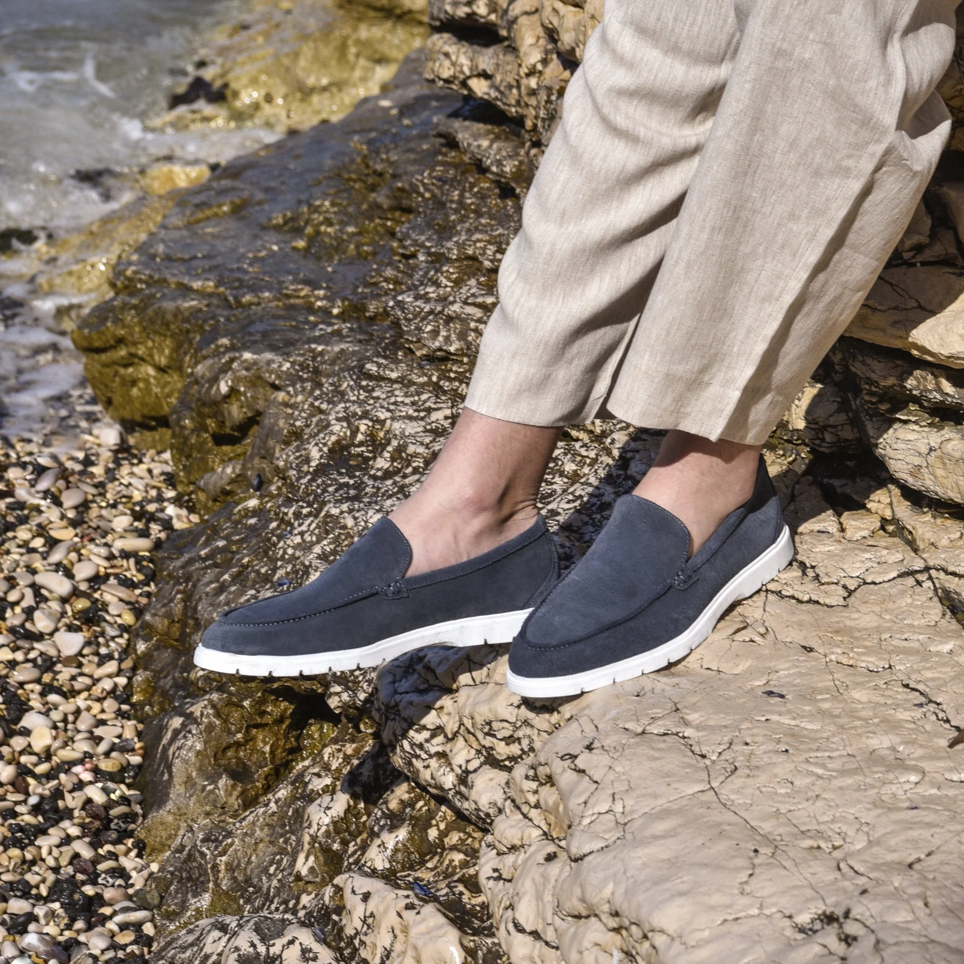 Moguy-Mocassin en veau velours bleu