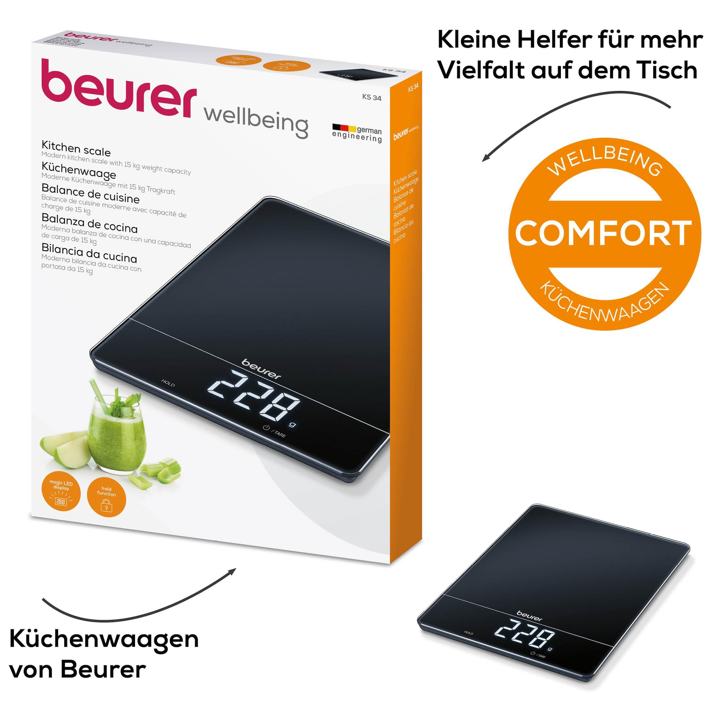 BEURER Küchenwaage »KS 34 mit Tara-Zuwiegefunktion« Mit modernen Sensortasten, Display erscheint nur während Messung