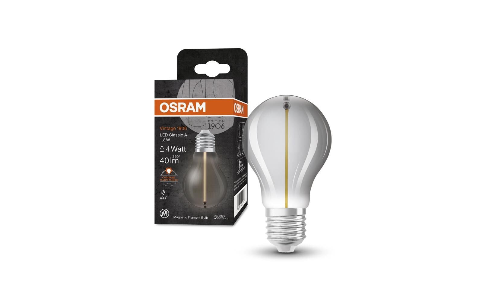 Vintage 1906 LED CLASSIC A 1.8W, E27, WarmweissLED-Lampen, klassische dekorative Lampen mit innovativer LED-«Gluewendel-Magnet»-Technologie