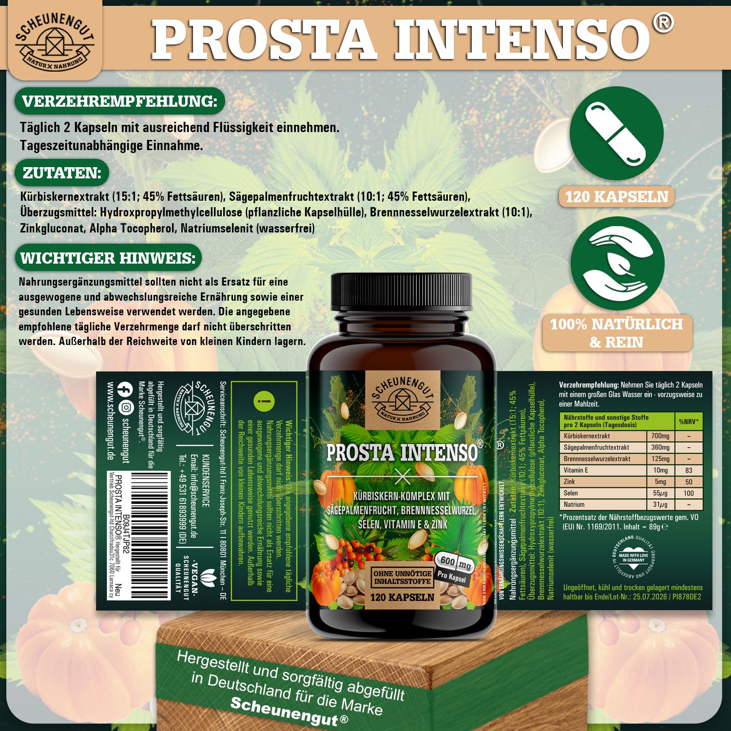 Scheunengut® PROSTA INTENSO | Prostata Kapseln mit Kürbiskern, Sägepalme, Selen uvm.
