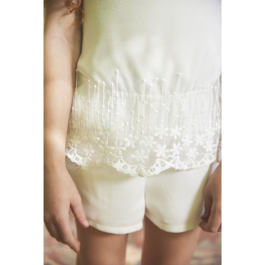 Combinaison courte de cérémonie effet 2 en 1 avec tulle brodé pour fille - Ecru