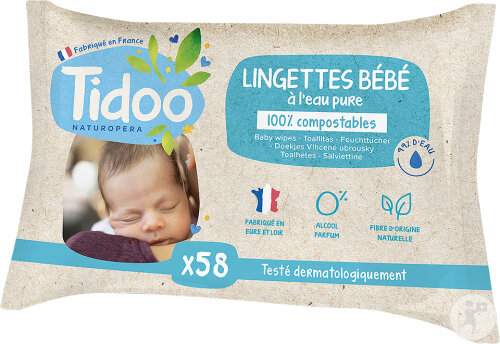 Tidoo Lingettes Bébé À L'Eau Pure 100% Compostables Bio 58 Pièces