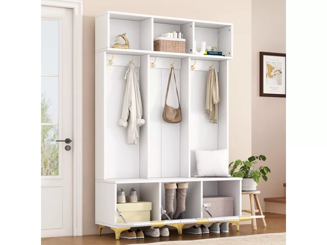 Vestiaire avec 3 portes et 3 niches - 126 x 40 x 191.5 cm - Panneaux de particules et pièds en métal - Blanc