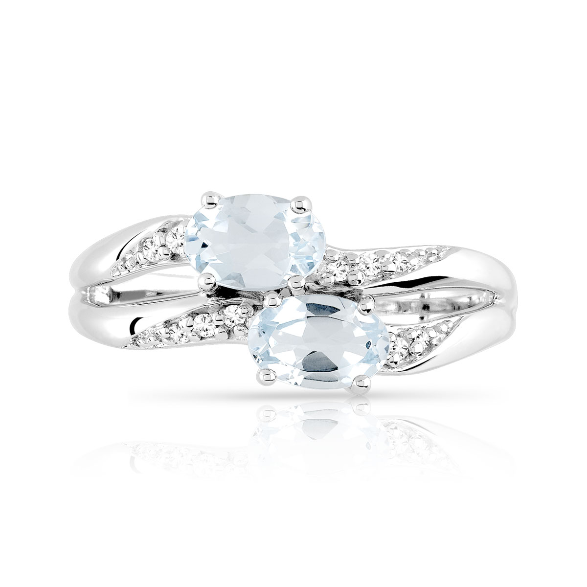 Bague or 375 blanc aigues-marines ovales et diamants