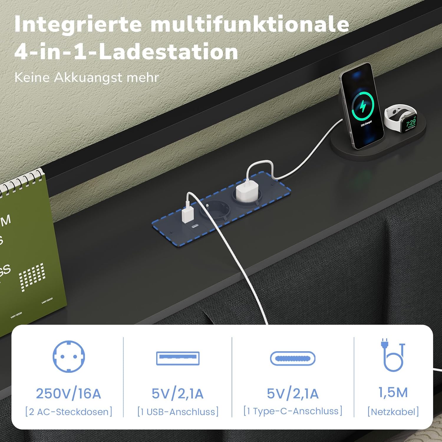 Schlafsofa mit LED-Beleuchtung und Ladestation(2 AC-Steckdosen + 2 USB-Anschlüsse) Jugendbett 90x200 cm mit 6 Schubladen, Tagesbett 90x200 cm, Gepolsterte Rückenlehne mit verstecktem Stauraum