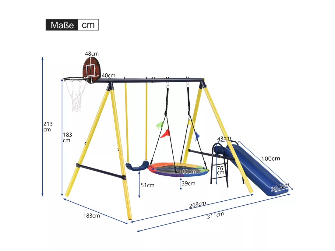 3 en 1 portique de balançoire pour Enfants avec Panier de Basket & Nid d'Oiseau, Balançoire en U pour enfants de 3 à 8 ans, Jaune