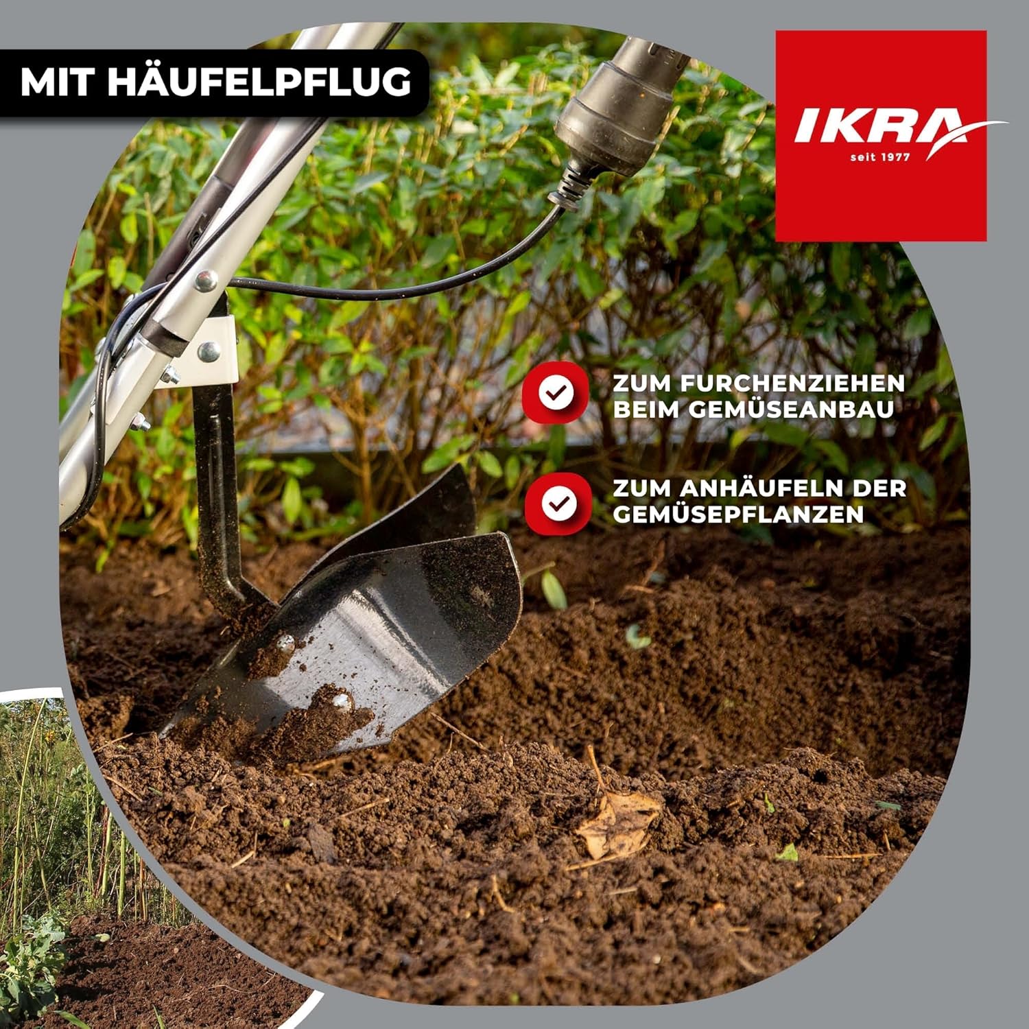 IKRA Elektro Bodenhacke IEM 1500, Flexible Arbeitsbreite 32 & 45cm, Arbeitstiefe bis 20cm, Starke 1500W Leistung, inkl. Häufelpflug