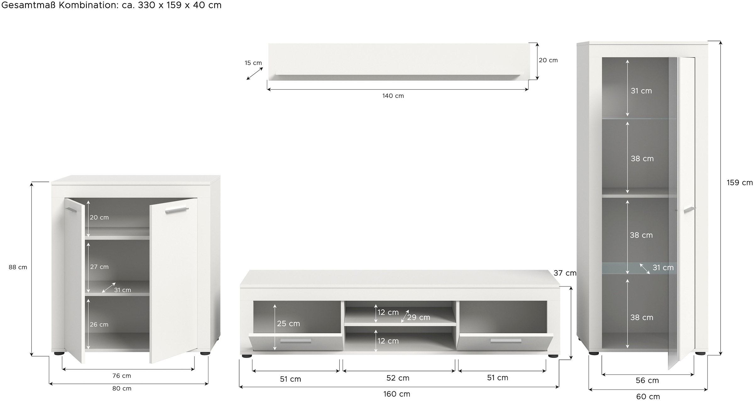 INOSIGN Wohnwand »Aosta, Breite 330cm, best. aus Highboard, Lowboard, Wandboard, Vitrine« 4 Stk. tlg.