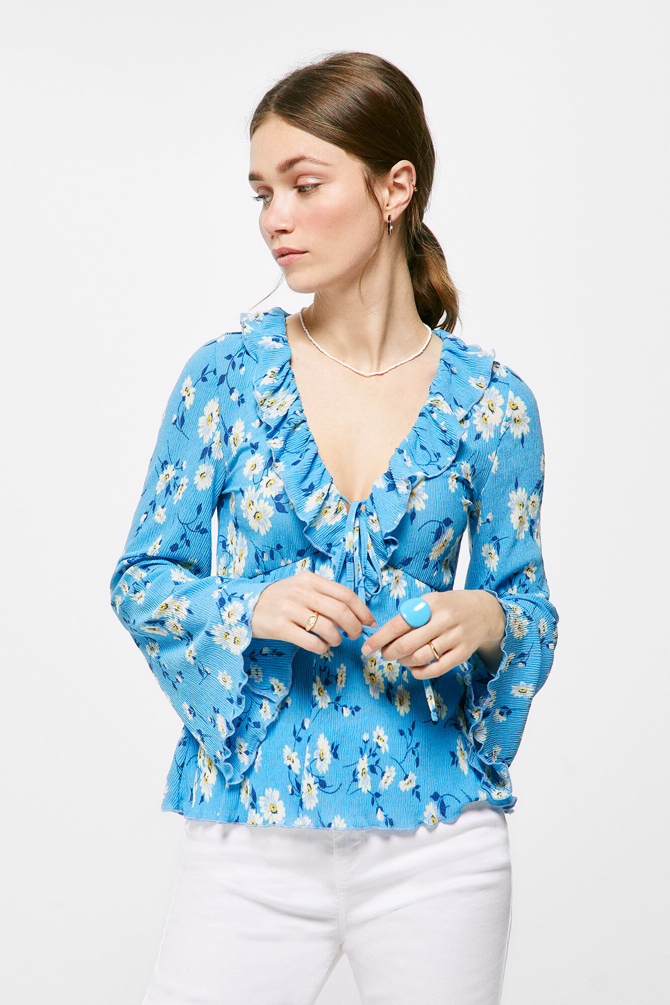Blusa em crepe de poliéster - Estampa turquesa