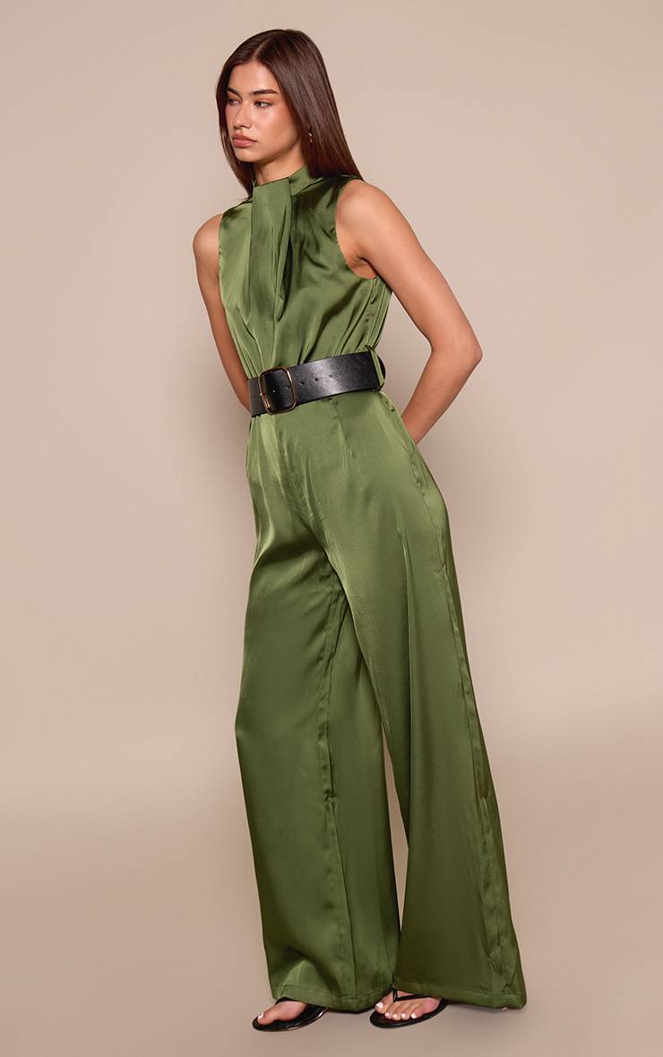 Kaki Combinaison Pantalon Large En Satin Col Montant Avec Ceinture
