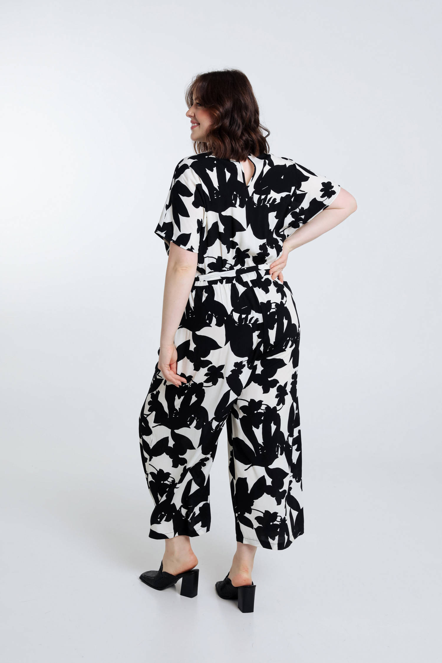 Paprika jumpsuit met bladprint zwart/wit