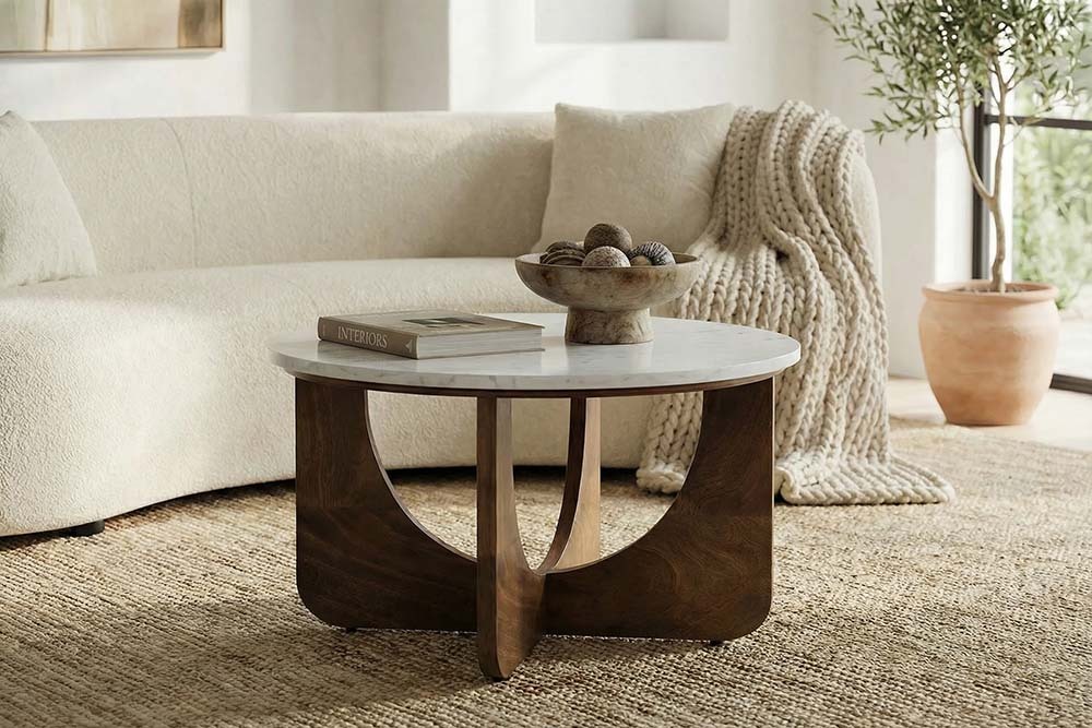 Runder Couchtisch ENSO 60cm weiß Marmor braun massiv Mangoholz