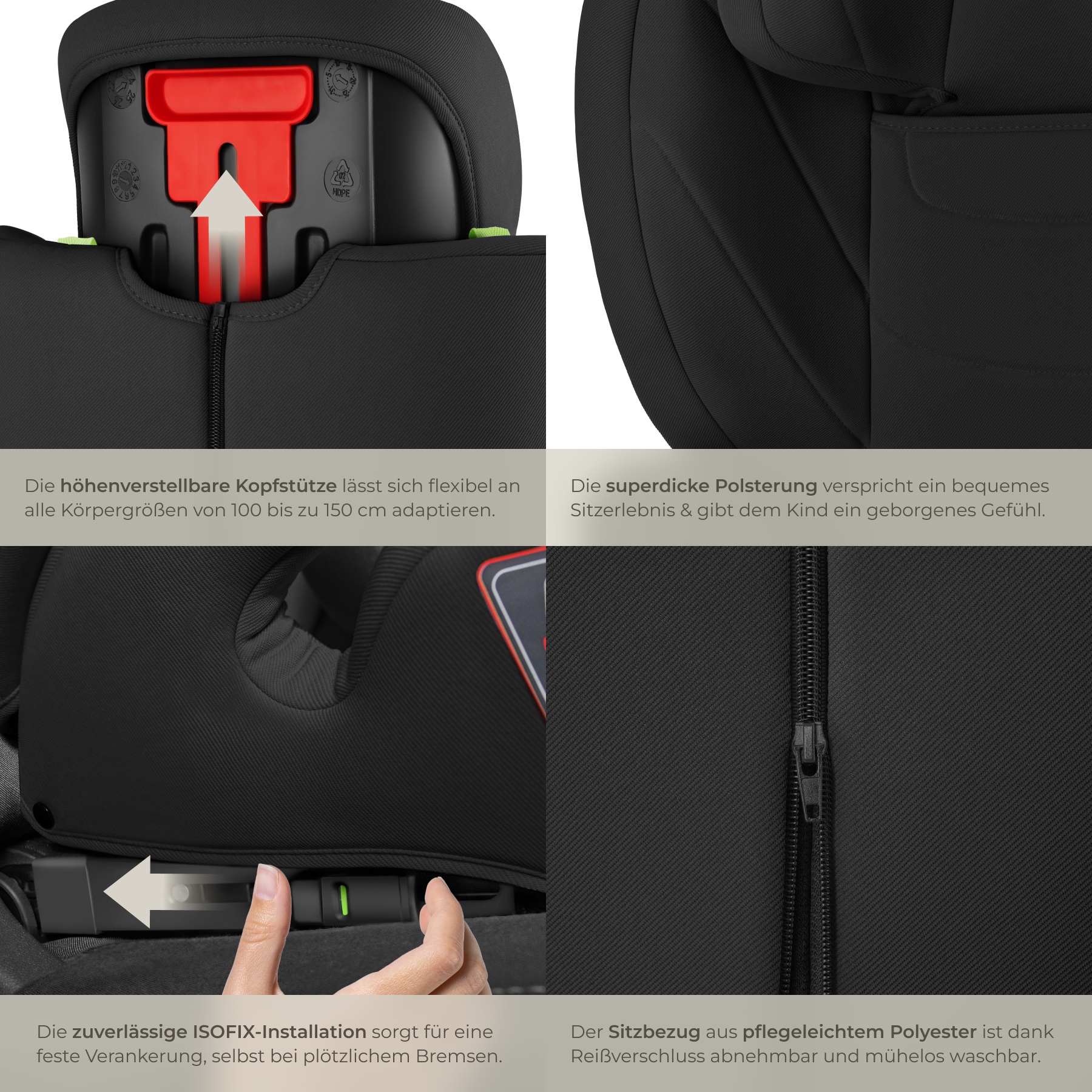 tectake® Autositz, i-Size Zulassung, ISOFIX-Installation, mit Seitenaufprallschutz, extra dicke Polsterung, von 100 bis 150 cm, Belastbarkeit 36 kg