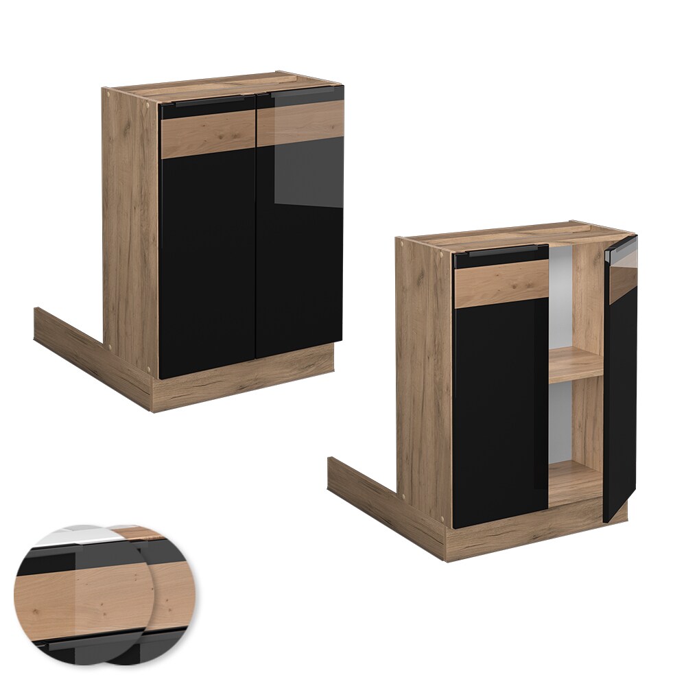 Vicco Regalinselunterschrank Küchenschrank Küchenmöbel Fame-Line Eiche Schwarz 60 cm modern Hochglanz