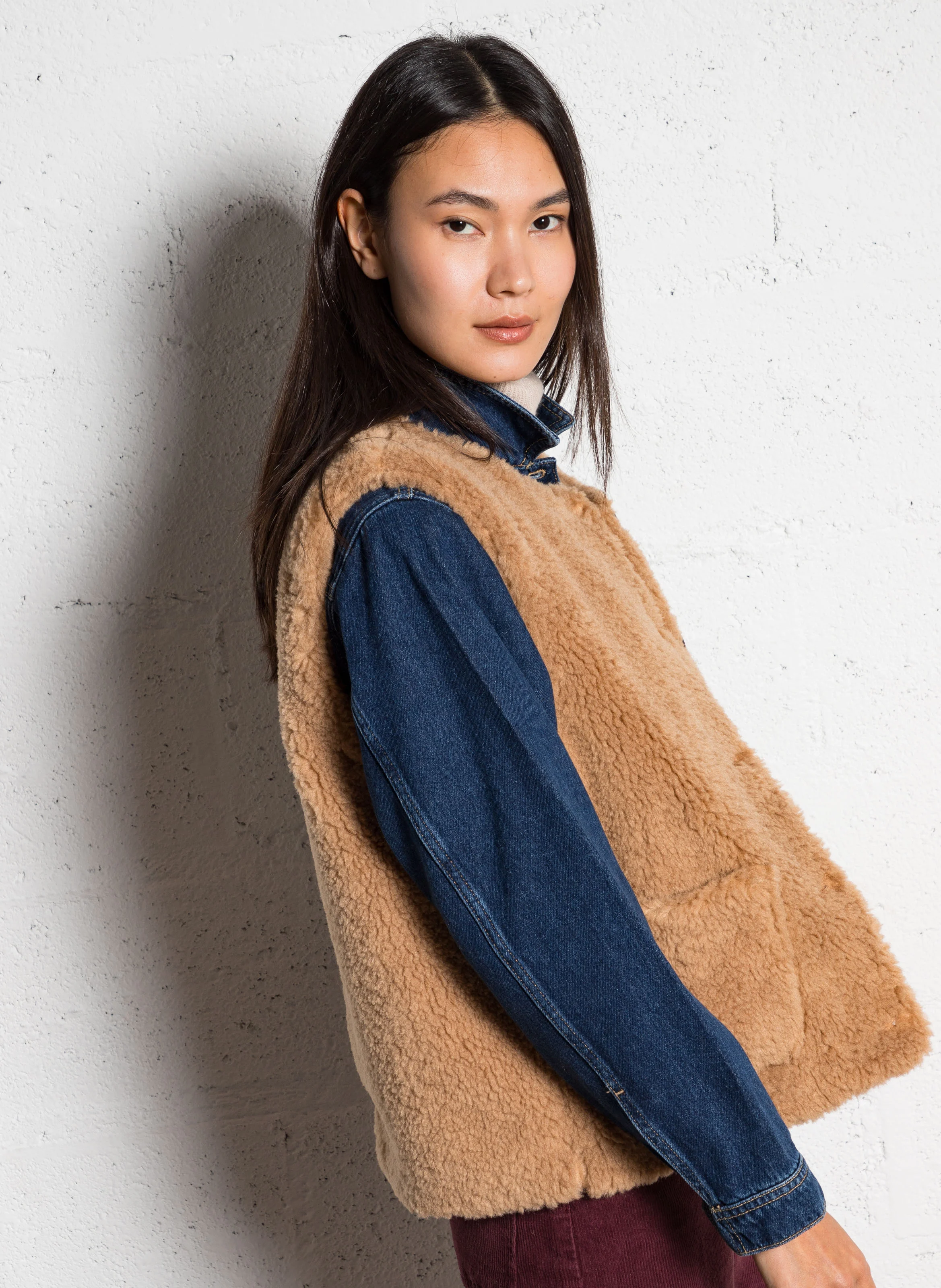 GLADYM - Veste col rond effet fourrure| Marron