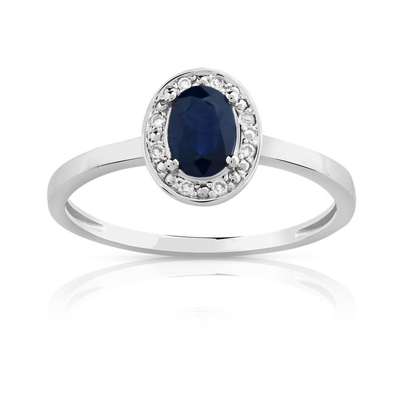 Bague or 375 blanc saphir ovale et diamants