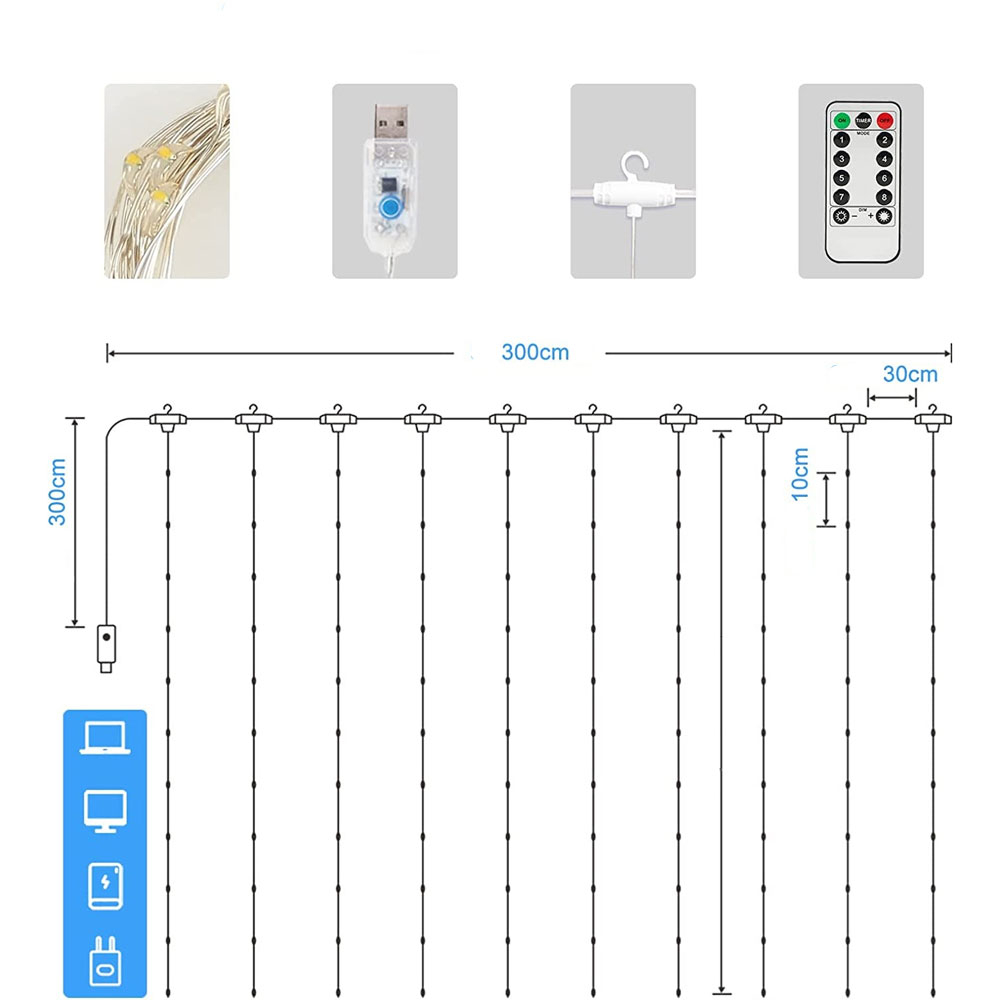 (3x3m) 300 LED's Weihnachts Lichterkette Vorhang Deko USB Beleuchtung 8 Modi   Fernbedienung - Warmweiss