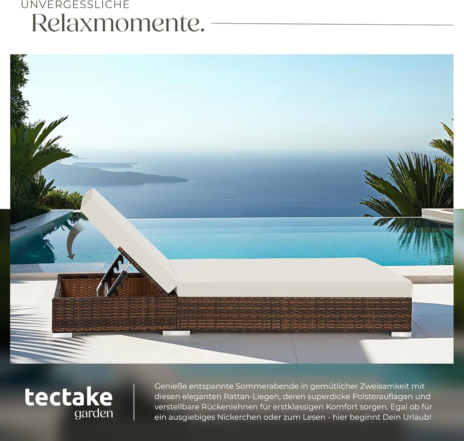 tectake® 2er Lounge Sonnenliegen Set Plus Tisch – inkl. 2 Bezugsets und Schutzhülle, Outdoor Poly Rattan Gartenmöbel Set, 2er Set - braun