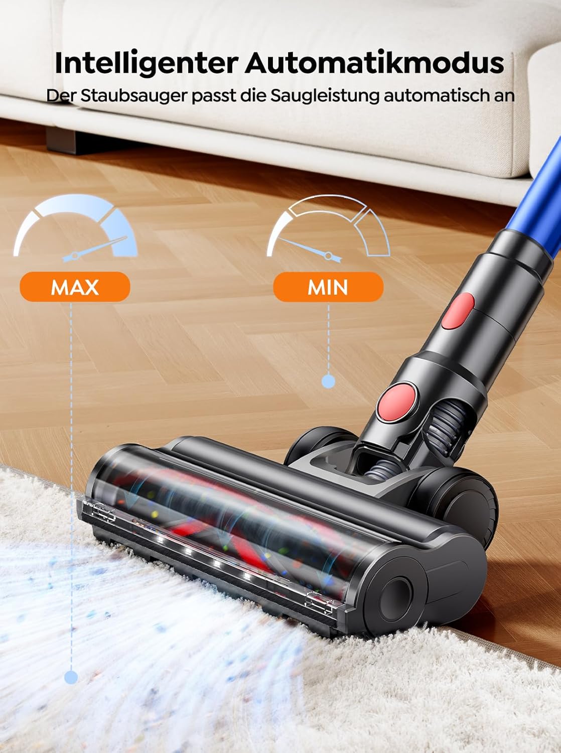 SMOTURE 650W 50KPA Akku Staubsauger mit Mini-Turbinendüse für Tierhaare, 60 Min. Laufzeit Selbststehender Staubsauger Kabellos mit Wandmontierte Ladestation, Automatikmodus für Teppich/Hartboden