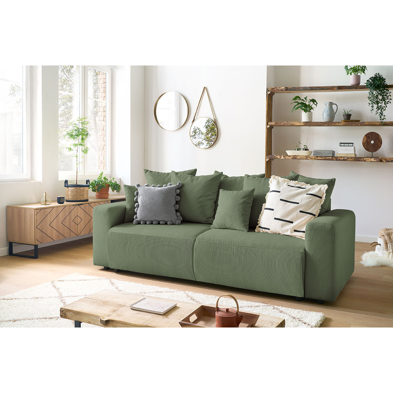 Bobochic Canapé 3 places velours côtelé convertible coffre Envy vert - 245x102x88 cm