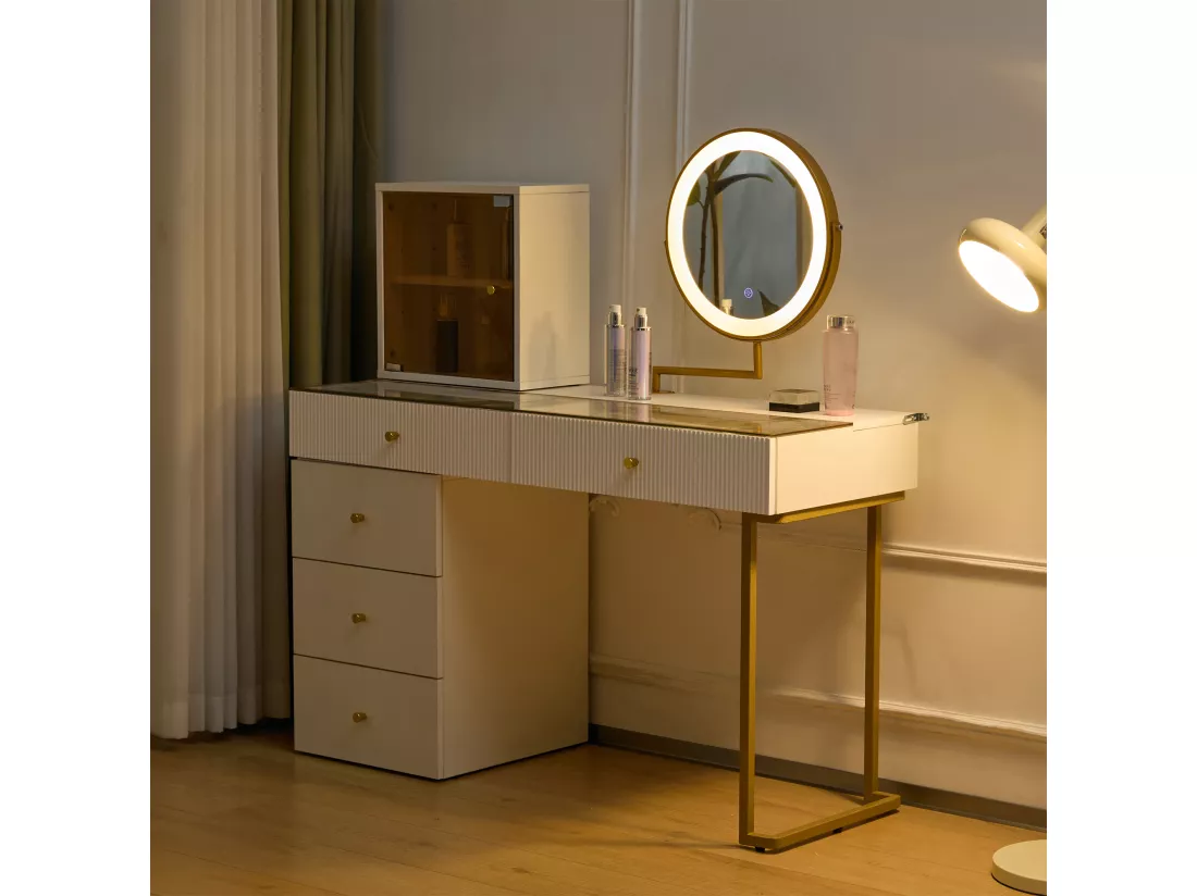 Coiffeuse avec miroir, 5 tiroirs et une porte en verre - 120 x 45 x 115 cm - Panneau de particules - LEDs - Blanc (sans tabouret)